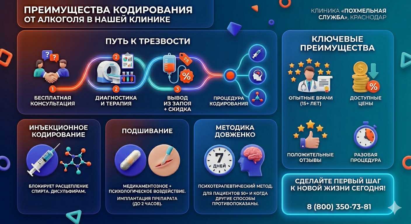 Инфографика о методах кодирования от алкоголя в Левашах: инъекции, подшивание, метод Довженко. Преимущества клиники и этапы лечения.
